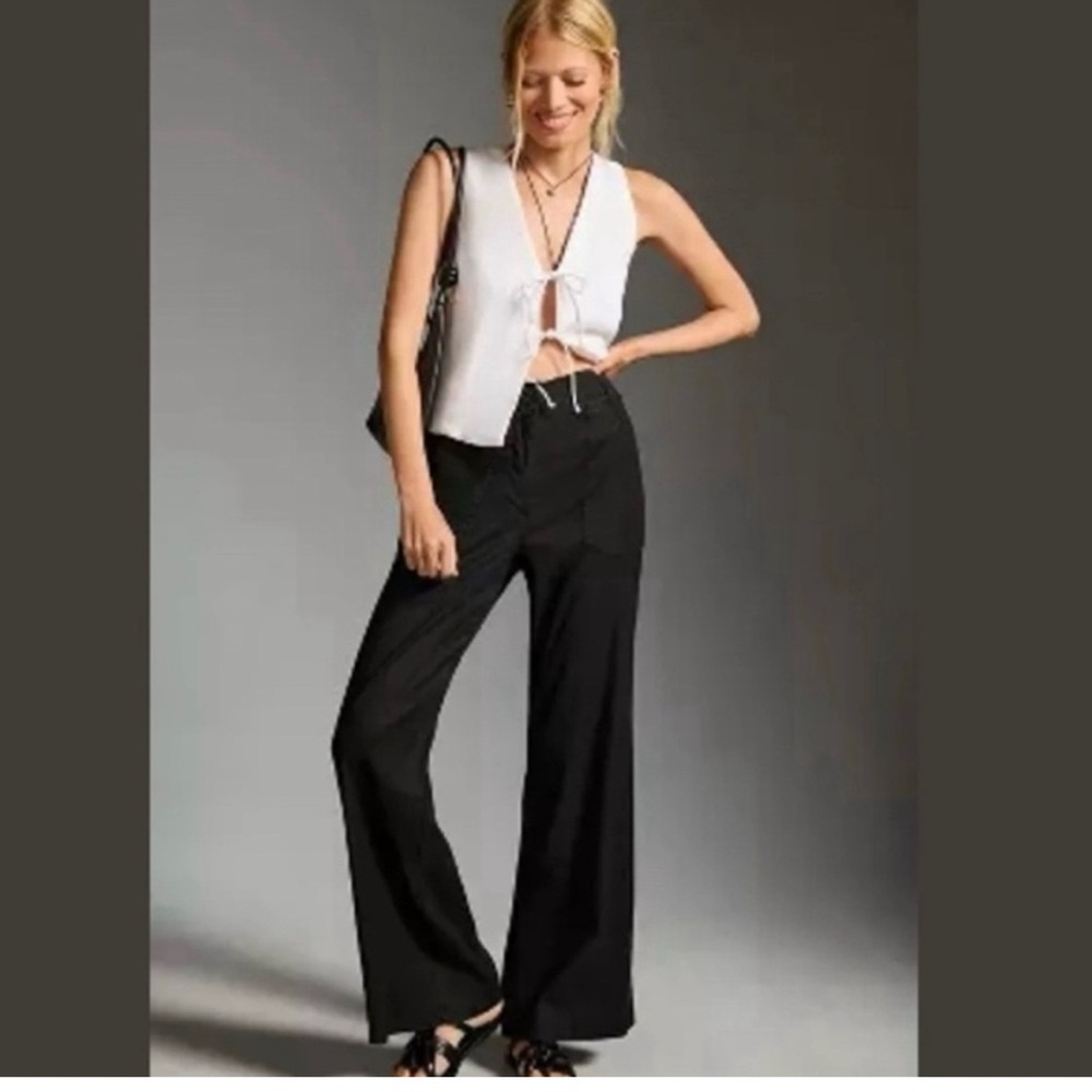 Anthropologie Women’s Linen High Rise Wide Leg Elegant Black Pants Sz 25